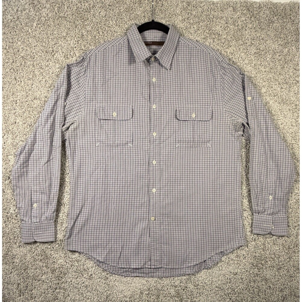 Perry Ellis Mens Large Plaid Shirt 100% Cotton Long Sleeve Button Up Dual Pocket